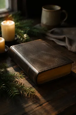 Leather Bible on Dark Walnut Table