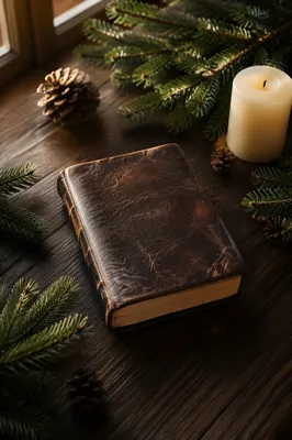 Leather Bible with Evergreen on Dark Wood