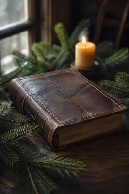 Leather Bible on Dark Walnut Table