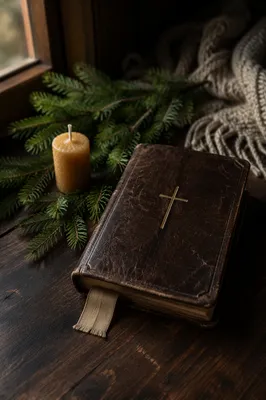 Leather Bible on Evergreen Winter Table