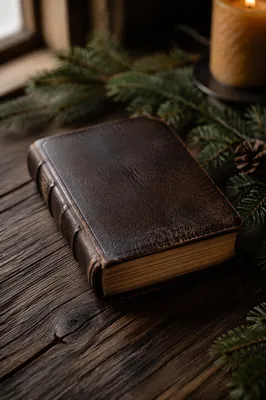 Leather Bible on Evergreen Wooden Table
