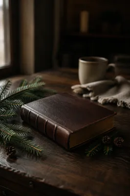 Leather Bible on Dark Walnut Table