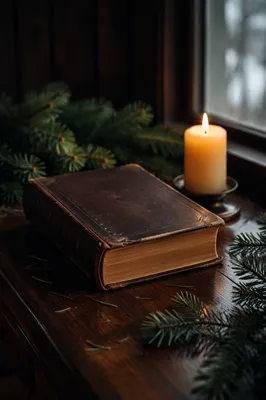 Leather Bible with Evergreen and Candlelight