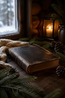 Leather Bible with Evergreen on Walnut Table