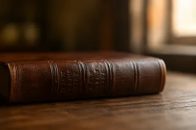 Leather Bible on Dark Walnut Table