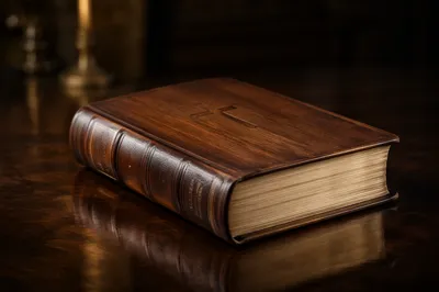 Leather Bible on Dark Wooden Table