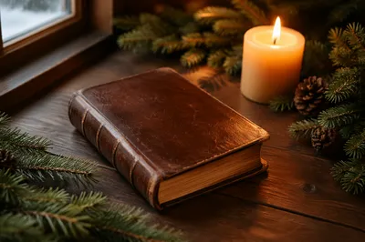 Leather Bible with Evergreen and Candlelight