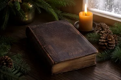 Leather Bible with Evergreen on Dark Wood