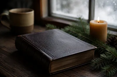 Leather Bible with Evergreen on Dark Wood