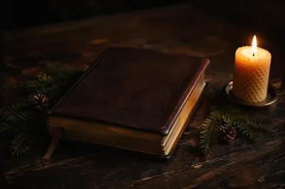 Leather Bible with Evergreen and Candlelight