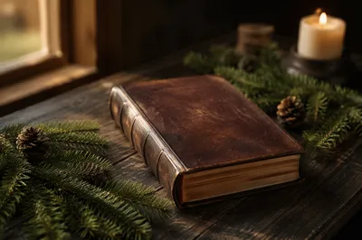 Leather Bible on Evergreen Wooden Table