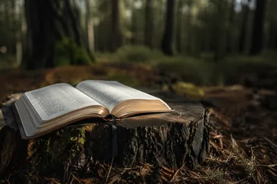 Open Leather Bible in Evergreen Forest