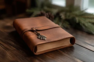 Leather Bible on Dark Walnut Table