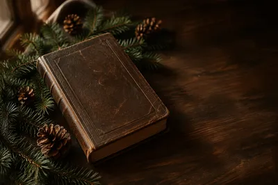 Leather Bible with Evergreen on Dark Wood