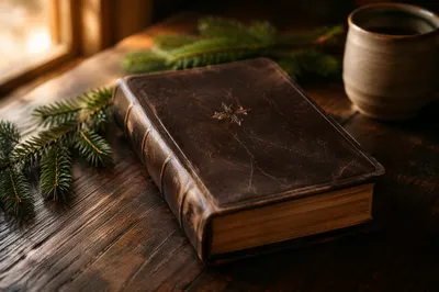 Worn Leather Bible on Dark Walnut Table