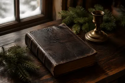 Leather Bible with Evergreen on Walnut Table