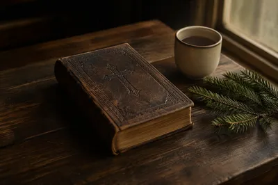 Leather Bible on Dark Walnut Table