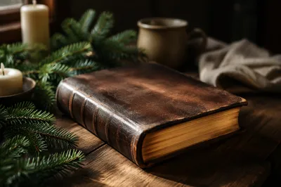 Leather Bible with Evergreen on Dark Walnut
