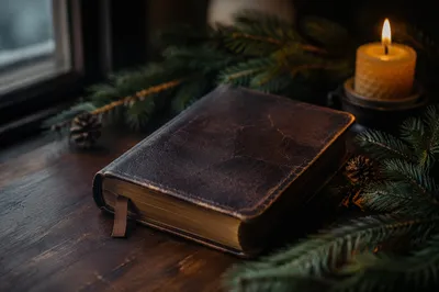 Leather Bible with Evergreen and Candlelight