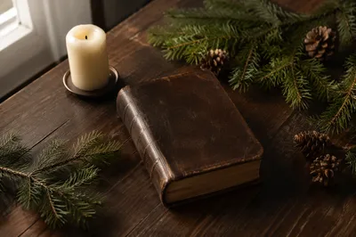 Leather Bible on Evergreen Winter Table