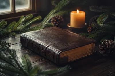 Leather Bible with Evergreen on Dark Wood