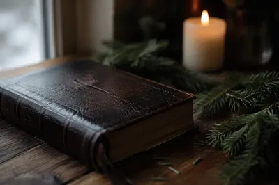 Worn Leather Bible with Evergreen Sprigs