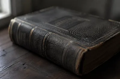 Aged Leather Bible on Dark Wood