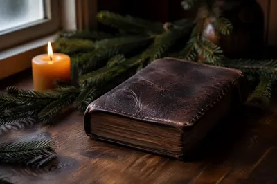 Leather Bible on Evergreen Walnut Table