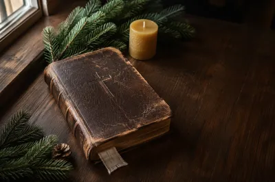 Worn Leather Bible with Evergreen Sprigs