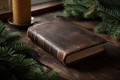 Leather Bible with Evergreen on Dark Wood