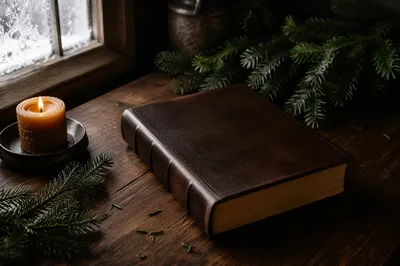 Leather Bible on Evergreen Walnut Table