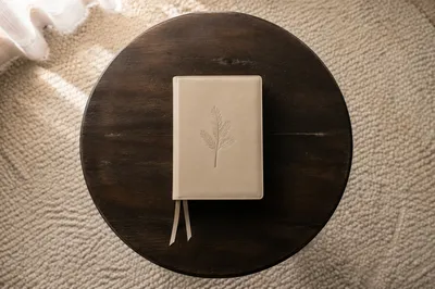 Beige Leather Bible on Dark Wooden Table