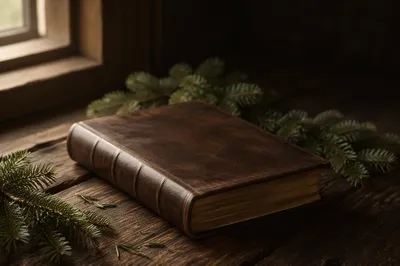 Leather Bible on Evergreen Winter Table