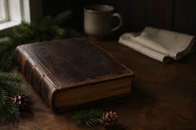 Leather Bible with Evergreen on Dark Wood