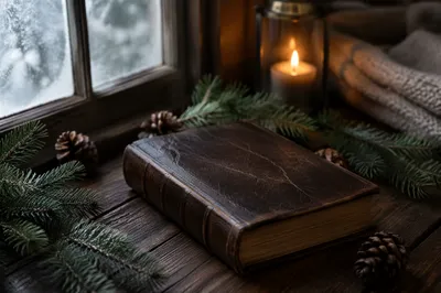 Leather Bible on Evergreen Winter Table