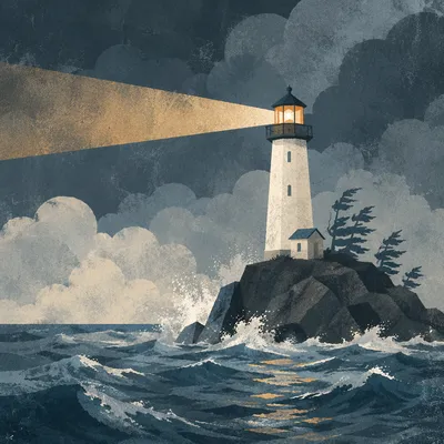 Lighthouse Beacon Through Stormy Evergreen Coast
