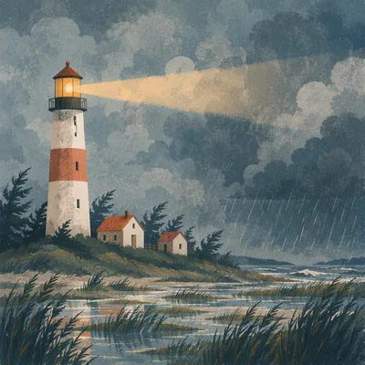 Stormy Evergreen Lighthouse Beacon Over Marsh