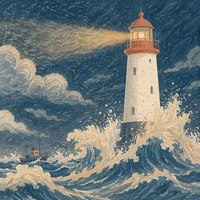 Storm Lighthouse Beacon Over Crashing Waves