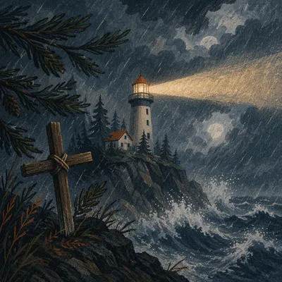 Lighthouse Beacon Through Stormy Evergreen Coast