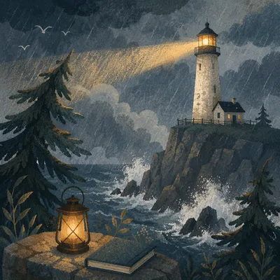 Stormy Lighthouse Beacon Through Evergreen Pines