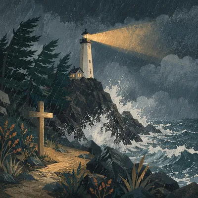 Lighthouse Beacon Over Stormy Evergreen Coast