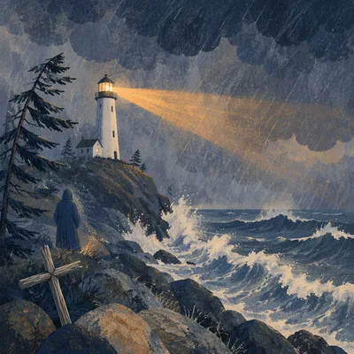 Lighthouse Beacon Through Stormy Evergreen Coast