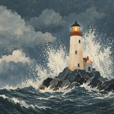 Lighthouse Beacon Enduring a Coastal Storm