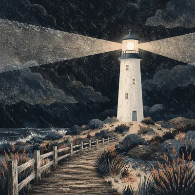 Stormlit Lighthouse Beacon Over Rocky Dunes