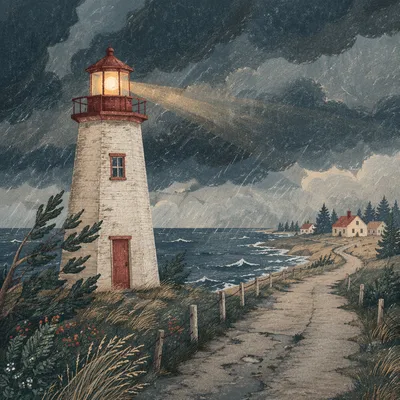 Stormy Evergreen Coast Lighthouse Beacon