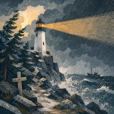 Hopeful Lighthouse Beacon in Winter Storm