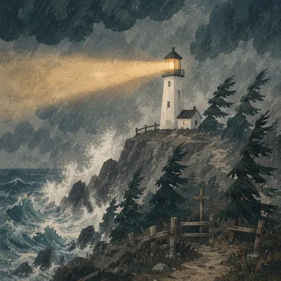 Lighthouse Beacon Through Evergreen Storm