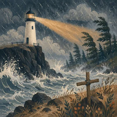 Lighthouse Beacon Through Evergreen Storm