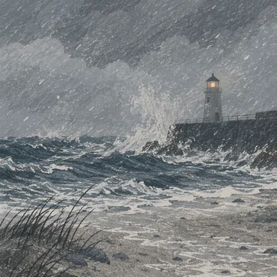Lighthouse Beacon Through Stormy Coastal Mist