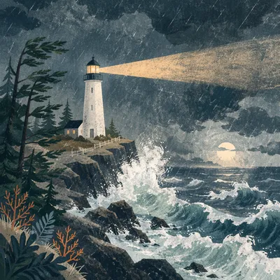 Storm Lighthouse Beacon Among Evergreen Cliffs